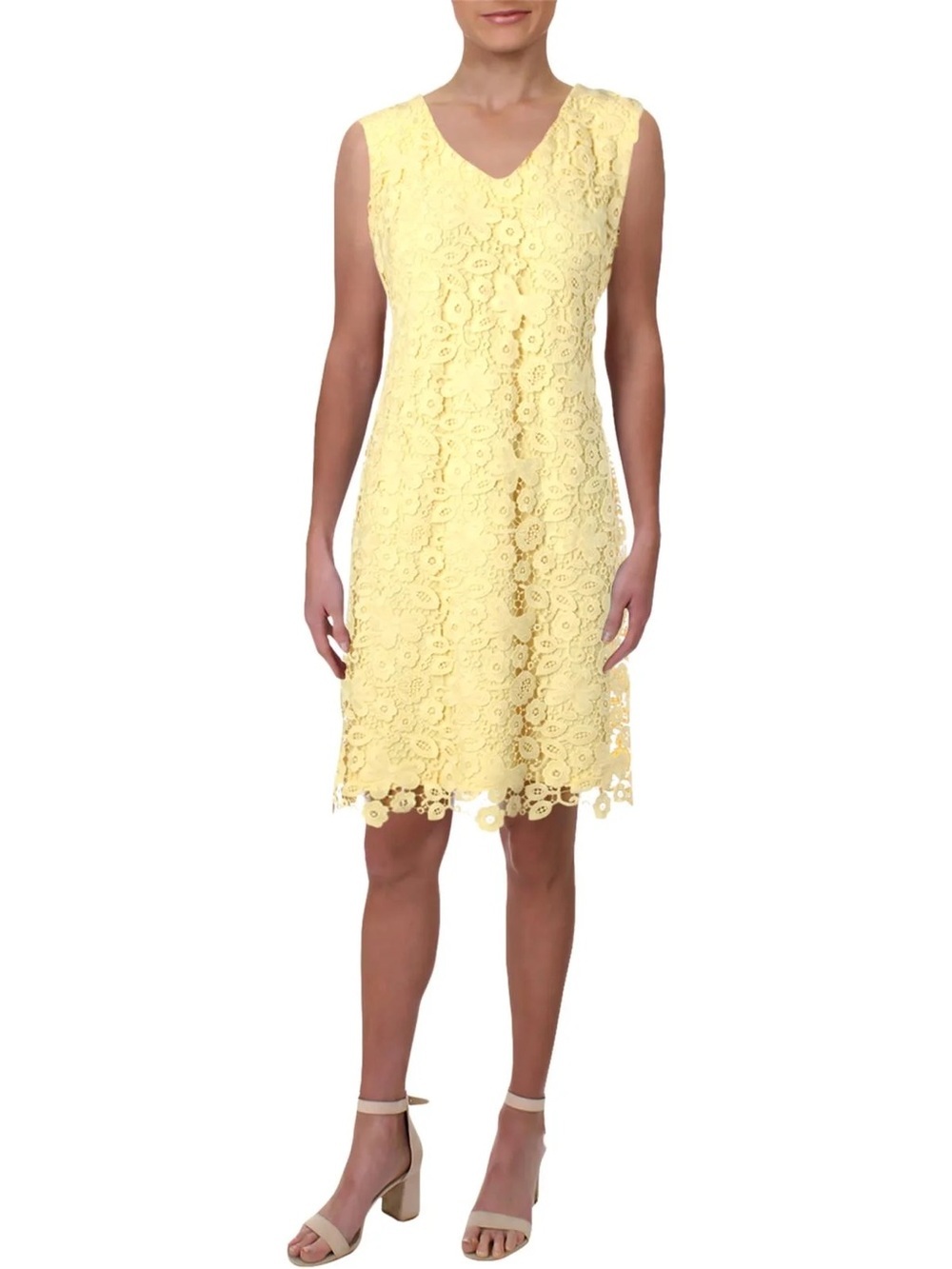Ralph Lauren Lace floral Cocktail Dress Sleeveless kneelength embroidered butter